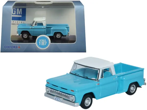 1965 Chevrolet C10 Stepside Pickup Truck Light Blue with White Top 1/87 (HO) Scale Diecast Model Car by Oxford Diecast #1