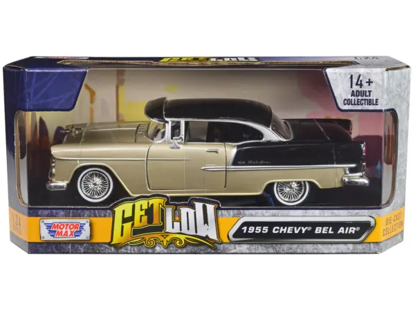 1955 Chevrolet Bel Air Lowrider Hard Top Beige Metallic and Black "Get Low" Series 1/24 Diecast Car Model by Motormax #1