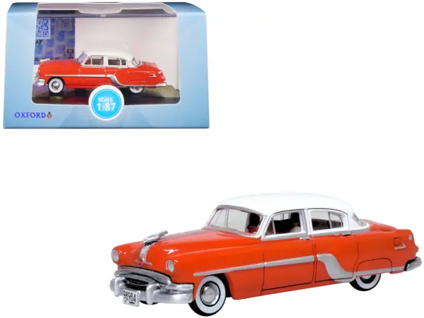 1954 Pontiac Chieftain 4 Door Coral Red with Winter White Top 1/87 (HO) Scale Diecast Model Car by Oxford Diecast #1