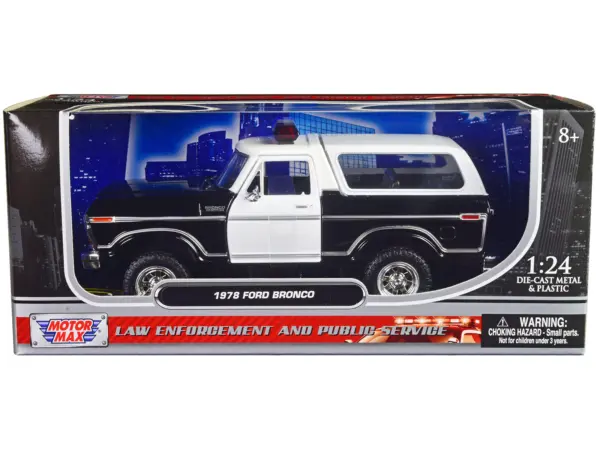 1978 Ford Bronco Police Car Unmarked Black and White "Law Enforcement and Public Service" Series 1/24 Diecast Model Car by Motormax #1