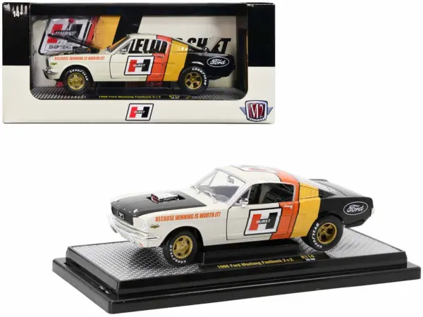1966 Ford Mustang Fastback 2+2 Off White and Black with Red and Yellow Stripes "Hurst Shifters" Limited Edition to 6000 pieces Worldwide 1/24 Diecast Model Car by M2 Machines #1
