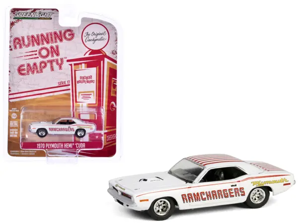 1970 Plymouth Hemi Barracuda "Ramchargers" White with Red Stripes "Running on Empty" Series 17 1/64 Diecast Model Car by Greenlight #1