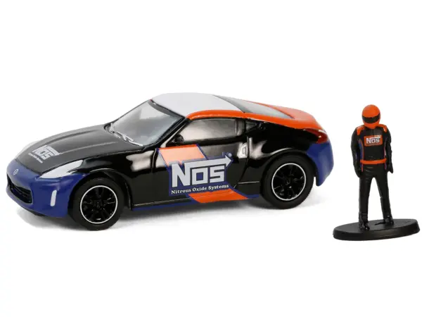 2020 Nissan 370z "NOS Nitrous Oxide Systems" Black with Graphics and Race Car Driver "The Hobby Shop" Series 16 1/64 Diecast Model Car by Greenlight #2