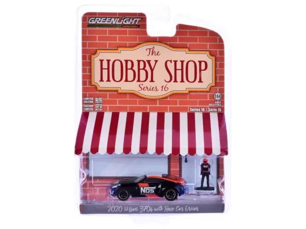 2020 Nissan 370z "NOS Nitrous Oxide Systems" Black with Graphics and Race Car Driver "The Hobby Shop" Series 16 1/64 Diecast Model Car by Greenlight #3