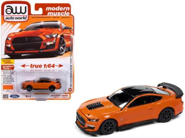 2021 Ford Mustang Shelby GT500 Carbon Fiber Track Pack Twister Orange with Black Top "Modern Muscle" Series 1/64 Diecast Model Car by Auto World #1