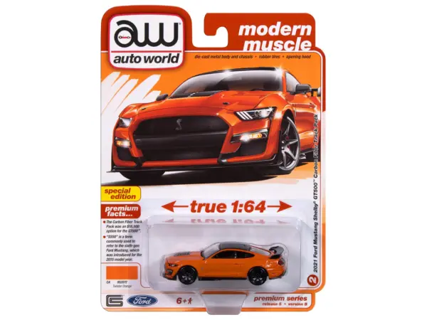 2021 Ford Mustang Shelby GT500 Carbon Fiber Track Pack Twister Orange with Black Top "Modern Muscle" Series 1/64 Diecast Model Car by Auto World #3