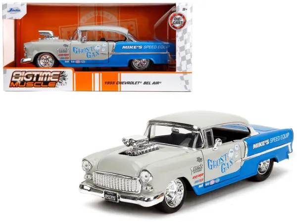 1955 Chevrolet Bel Air "Ghost Gas - Mike's Speed Equip" Light Gray and Blue "Bigtime Muscle" Series 1/24 Diecast Model Car by Jada #1