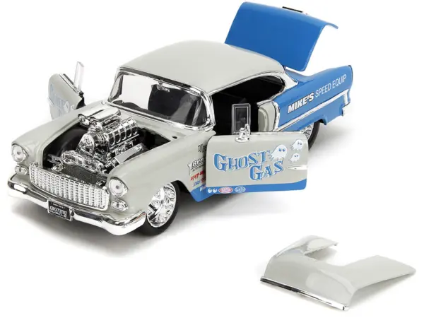1955 Chevrolet Bel Air "Ghost Gas - Mike's Speed Equip" Light Gray and Blue "Bigtime Muscle" Series 1/24 Diecast Model Car by Jada #2