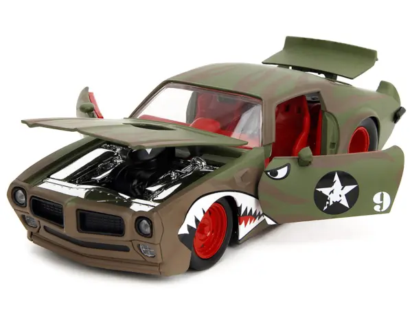 1972 Pontiac Firebird #9 Green Camouflage Flames with Graphics and Red Interior "Bigtime Muscle" Series 1/24 Diecast Model Car by Jada #2
