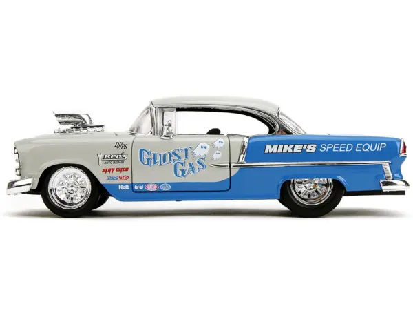 1955 Chevrolet Bel Air "Ghost Gas - Mike's Speed Equip" Light Gray and Blue "Bigtime Muscle" Series 1/24 Diecast Model Car by Jada #3