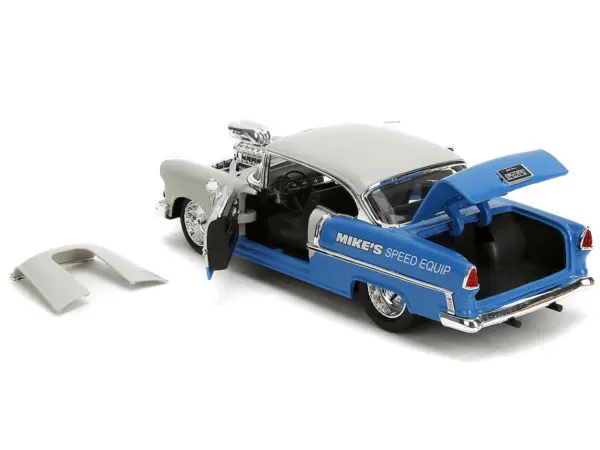 1955 Chevrolet Bel Air "Ghost Gas - Mike's Speed Equip" Light Gray and Blue "Bigtime Muscle" Series 1/24 Diecast Model Car by Jada #4