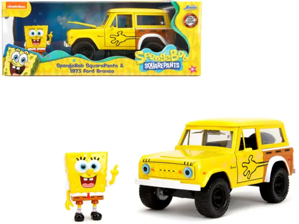 1973 Ford Bronco Yellow with Graphics and SpongeBob SquarePants Diecast Figure "SpongeBob SquarePants" (1999–Current) TV Series "Hollywood Rides" Series 1/24 Diecast Model Car by Jada #1