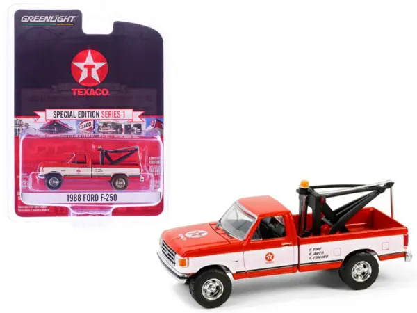 1988 Ford F-250 Tow Truck "Texaco" Red and White "Texaco Special Edition" Series 1 1/64 Diecast Model Car by Greenlight #1