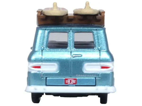 1961 Chevrolet Corvair Greenbrier Passenger Wagon Van Turquoise Metallic and Cameo White with Surfboards on Roof 1/87 (HO) Scale Diecast Model Car by Oxford Diecast #4