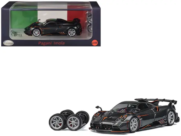 Pagani Imola Dark Gray Metallic with Carbon and Orange Accents with Extra Wheels 1/64 Diecast Model Car by CM Model #1