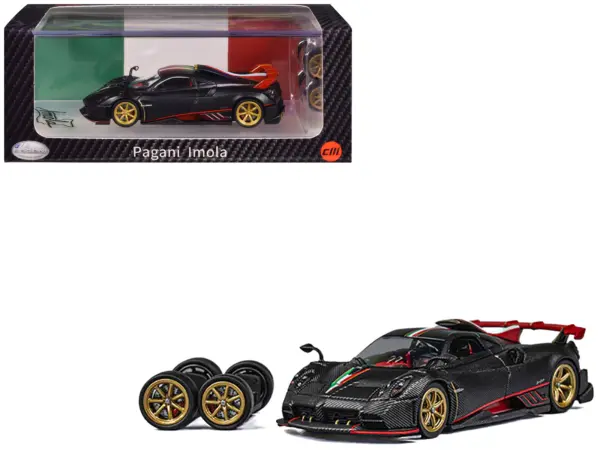 Pagani Imola Black Carbon with Italian Flag Stripes with Extra Wheels 1/64 Diecast Model Car by CM Model #1