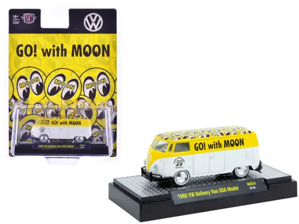 1960 Volkswagen Delivery Van USA Model "MoonEyes" White and Yellow with Top Graphics and White Interior Limited Edition to 5236 pieces Worldwide 1/64 Diecast Model Car by M2 Machines #1