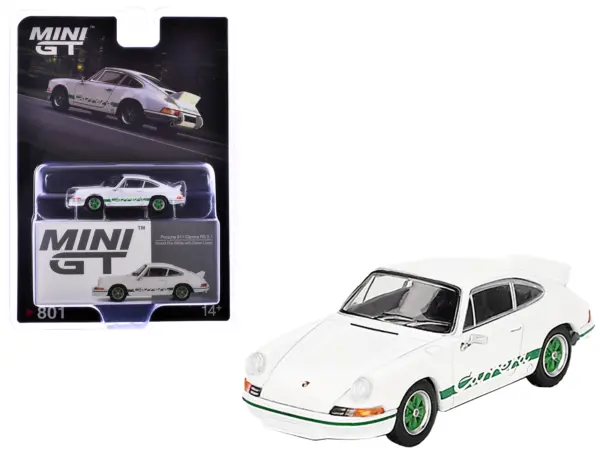 Porsche 911 Carrera RS 2.7 Grand Prix White with Green Stripes and Wheels Limited Edition 1/64 Diecast Model Car by Mini GT #1