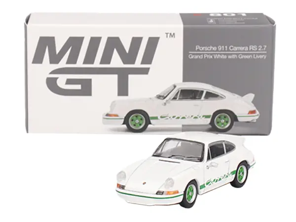Porsche 911 Carrera RS 2.7 Grand Prix White with Green Stripes and Wheels Limited Edition 1/64 Diecast Model Car by Mini GT #4