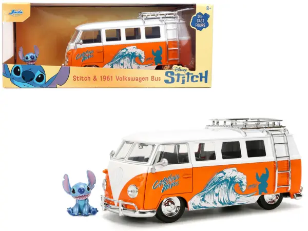 1961 Volkswagen Bus "Catching Waves" White and Orange with Stich Diecast Figure "Disney's Stitch" "Hollywood Rides" Series 1/24 Diecast Model by Jada #1