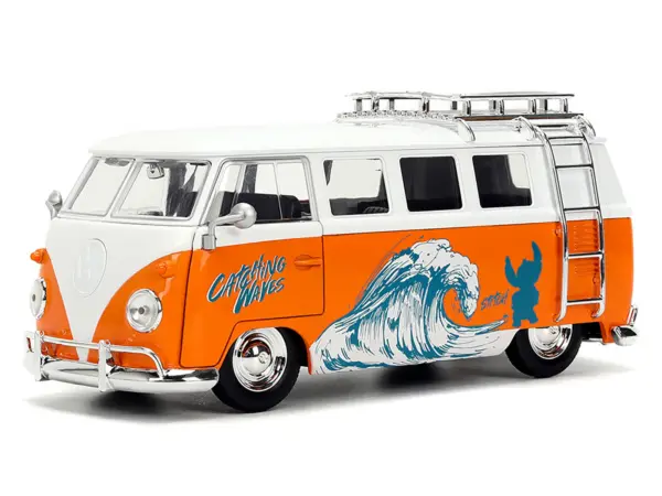 1961 Volkswagen Bus "Catching Waves" White and Orange with Stich Diecast Figure "Disney's Stitch" "Hollywood Rides" Series 1/24 Diecast Model by Jada #2