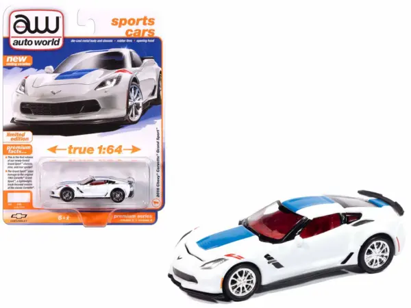 2018 Chevrolet Corvette Grand Sport Arctic White with Blue Stripe and Red Interior "Sports Cars" Series 1/64 Diecast Model Car by Auto World #1
