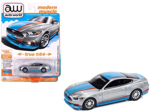 2017 Ford Mustang GT Tribute Edition "Petty's Garage" Ingot Silver Metallic with Petty Blue and Red Stripes "Modern Muscle" Series 1/64 Diecast Model Car by Auto World #1