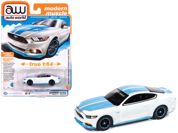 2016 Ford Mustang GT King Premier Edition "Petty's Garage" Oxford White with Petty Blue Stripes "Modern Muscle" Series 1/64 Diecast Model Car by Auto World #1