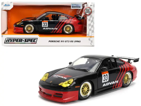 Porsche 911 GT3 RS (996) #33 "ADVAN" Black and Red "Hyper-Spec" Series 1/24 Diecast Model Car by Jada #1
