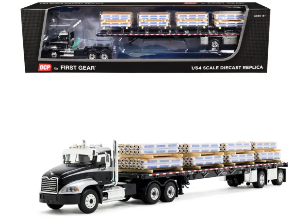 Mack Pinnacle Day Cab with Minimizer Parts & 53' Wilson Roadbrute Flatbed Trailer with "Carlisle Roofing" Loaded Pallets Black with Silver Top and Stripes 1/64 Diecast Model by DCP/First Gear #1