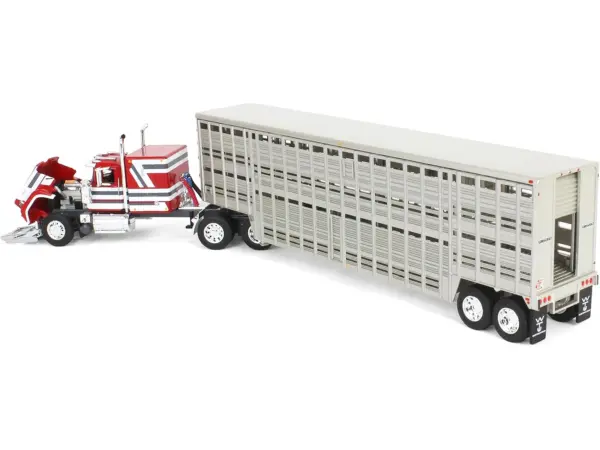 Mack Super-Liner with 60" Flat Top Sleeper and 45' Wilson Vintage Livestock Trailer Red with White and Gray Stripes 1/64 Diecast Model by DCP/First Gear #2