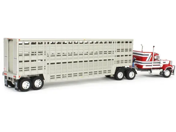 Mack Super-Liner with 60" Flat Top Sleeper and 45' Wilson Vintage Livestock Trailer Red with White and Gray Stripes 1/64 Diecast Model by DCP/First Gear #3