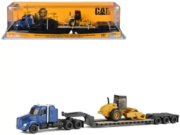 Kenworth T880 Tractor Blue Metallic with Lowboy Trailer and CAT Padfoot Roller Yellow 1/87 (HO) Diecast Model by Diecast Masters #1
