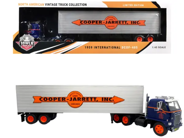 1959 International DCOF-405 Truck with Box Trailer "Cooper Jarrett Inc." Dark Blue with Orange Stripes "North American Vintage Truck Collection" 1/43 Diecast Model by Iconic Replicas #1