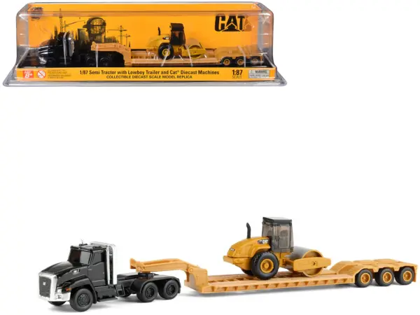 Kenworth T880 Tractor Black with Lowboy Trailer and CAT Roller Yellow 1/87 (HO) Diecast Model by Diecast Masters #1