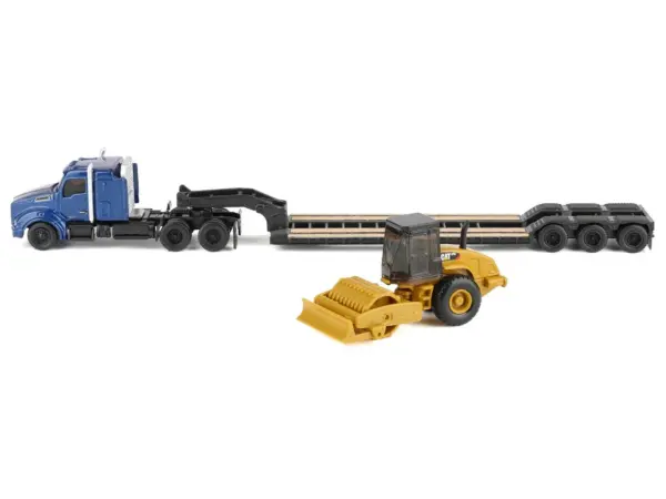Kenworth T880 Tractor Blue Metallic with Lowboy Trailer and CAT Padfoot Roller Yellow 1/87 (HO) Diecast Model by Diecast Masters #2