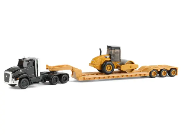 Kenworth T880 Tractor Black with Lowboy Trailer and CAT Roller Yellow 1/87 (HO) Diecast Model by Diecast Masters #2