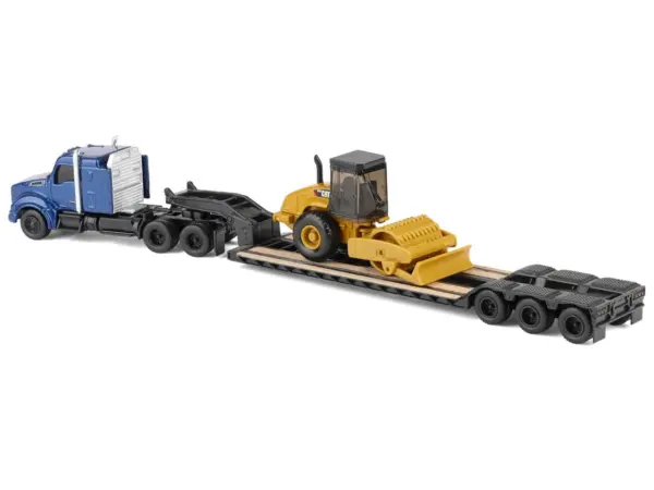Kenworth T880 Tractor Blue Metallic with Lowboy Trailer and CAT Padfoot Roller Yellow 1/87 (HO) Diecast Model by Diecast Masters #3