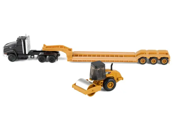 Kenworth T880 Tractor Black with Lowboy Trailer and CAT Roller Yellow 1/87 (HO) Diecast Model by Diecast Masters #3