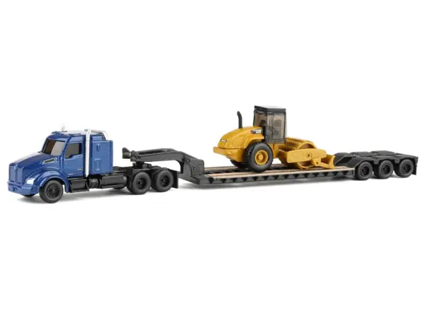 Kenworth T880 Tractor Blue Metallic with Lowboy Trailer and CAT Padfoot Roller Yellow 1/87 (HO) Diecast Model by Diecast Masters #4