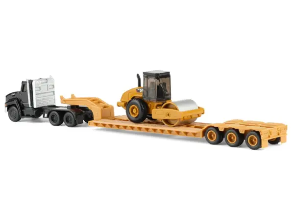 Kenworth T880 Tractor Black with Lowboy Trailer and CAT Roller Yellow 1/87 (HO) Diecast Model by Diecast Masters #4