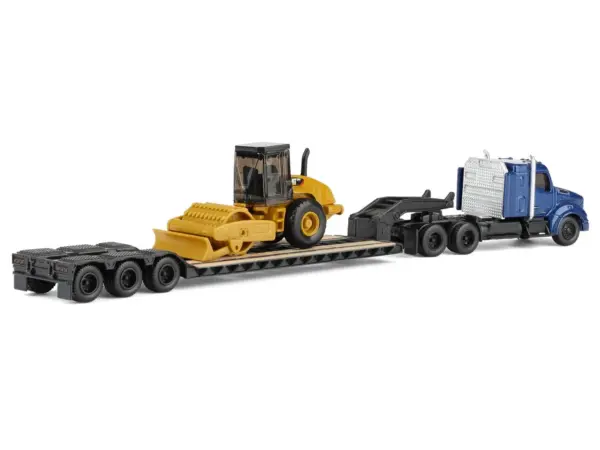 Kenworth T880 Tractor Blue Metallic with Lowboy Trailer and CAT Padfoot Roller Yellow 1/87 (HO) Diecast Model by Diecast Masters #5
