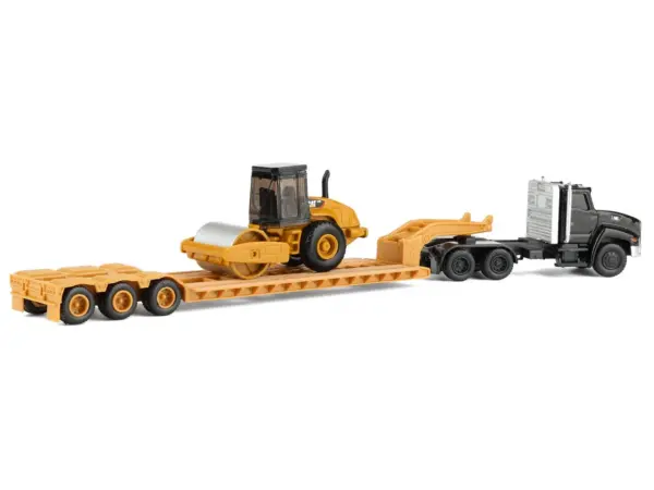Kenworth T880 Tractor Black with Lowboy Trailer and CAT Roller Yellow 1/87 (HO) Diecast Model by Diecast Masters #5