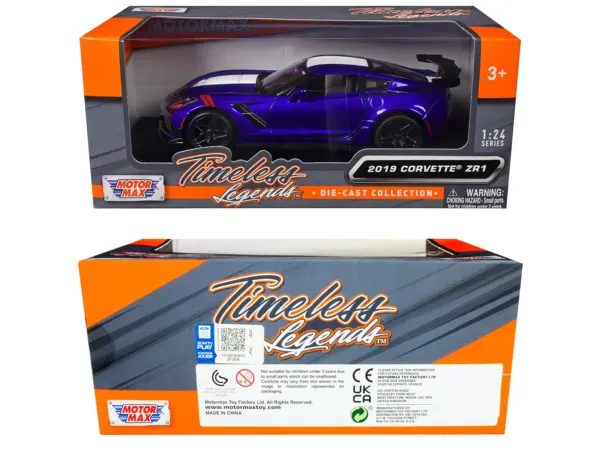 2019 Chevrolet Corvette ZR1 Blue Metallic and White "Timeless Legends" Series 1/24 Diecast Model Car by Motormax #3