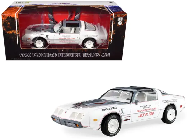 1980 Pontiac Firebird Trans Am T/A "Official Pace Car 58th Annual Pikes Peak Auto Hill Climb" White with Gray Top and Hood Graphics with White Interior 1/24 Diecast Model Car by Greenlight #1