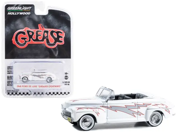1948 Ford De Luxe Convertible "Greased Lightning" White with Graphics "Grease" (1978) Movie "Hollywood Series" Release 40 1/64 Diecast Model Car by Greenlight #1