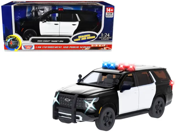 2025 Chevrolet Tahoe PPV Black and White "Builder's Kit" with Flashing Light Bar and Front and Rear Lights and Sounds 1/24 Diecast Model Car by Motormax #1