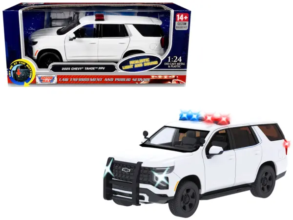 2025 Chevrolet Tahoe PPV White "Builder's Kit" with Flashing Light Bar and Front and Rear Lights and Sounds 1/24 Diecast Model Car by Motormax #1