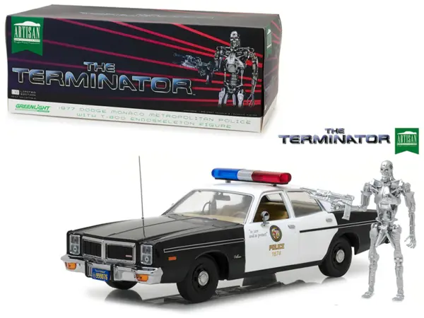 1977 Dodge Monaco Metropolitan Police with T-800 Endoskeleton Figurine "The Terminator" (1984) Movie 1/18 Diecast Model Car by Greenlight #1