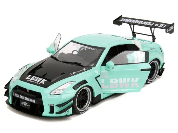 Nissan GT-R (R35) Liberty Walk Body Kit 2.0 RHD (Right Hand Drive) Light Blue with Black Hood and White Stripes "Pink Slips" Series 1/18 Diecast Model Car by Jada #2
